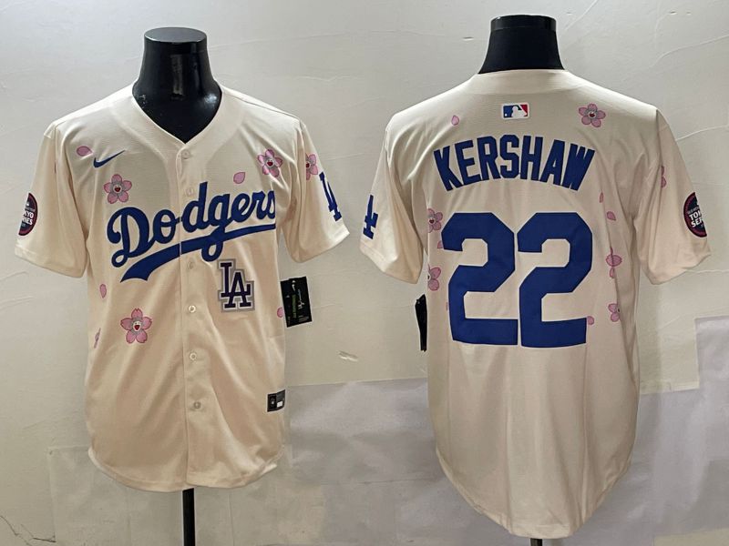Men Los Angeles Dodgers #22 Kershaw Cream White Blue Sakura Edition 2025 Nike MLB Jersey style 8->los angeles dodgers->MLB Jersey